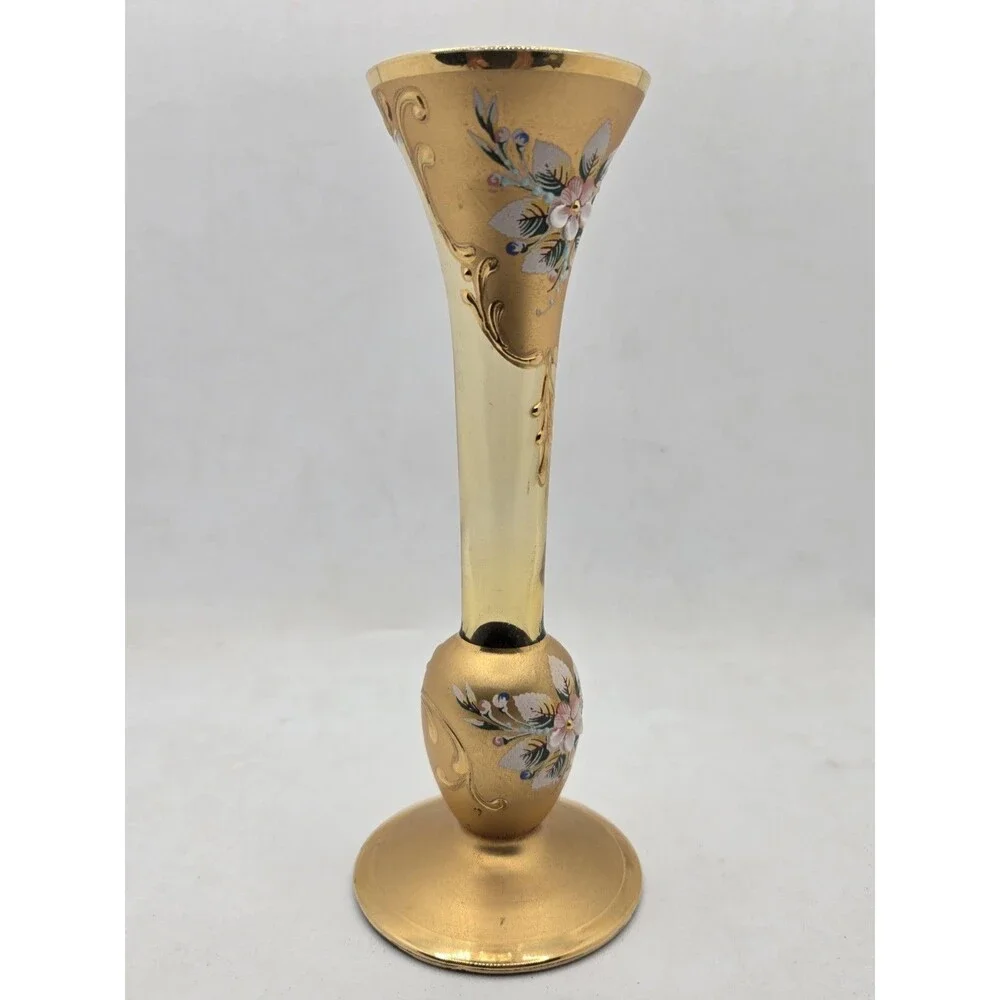 Czech Bohemian Gold Hand Painted Floral Glass Bud Vase 6